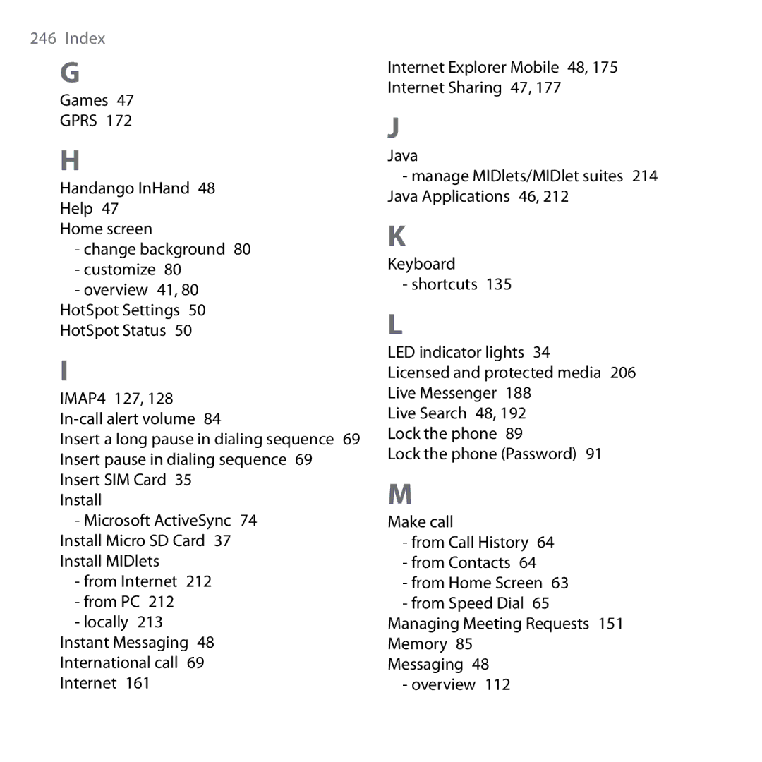 HTC Shadow user manual Live Search 48, 192 Lock the phone  